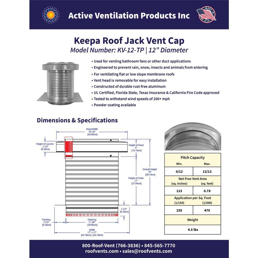 Active Ventilation 12 in. Dia. Aluminum Keepa Roof Jack with 2 in. Tail Pipe in Mill Finish KV-12-TP