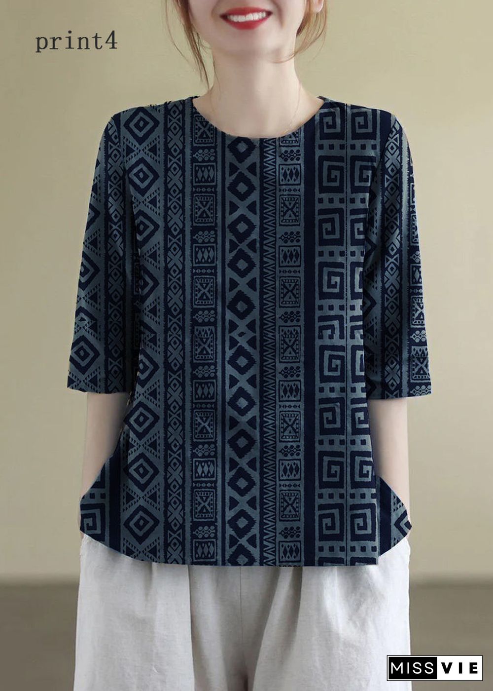 French Print3 O-Neck Embroideried Cotton Blouses Half Sleeve