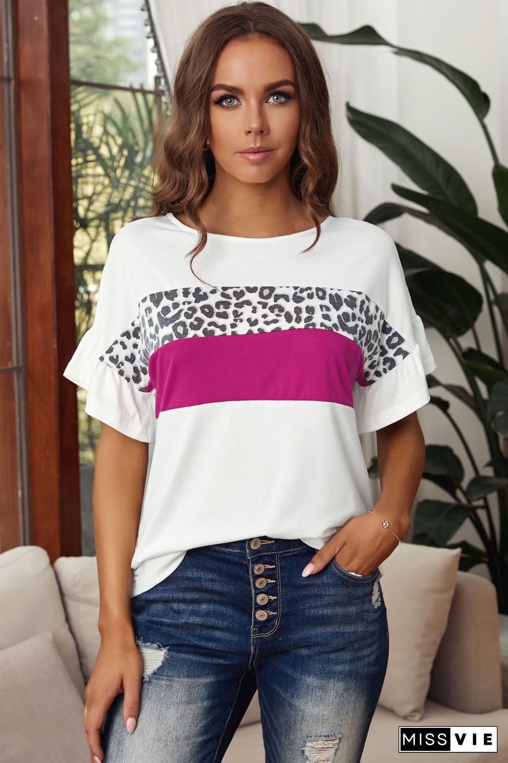 White Leopard Color Block Short Sleeve Tee