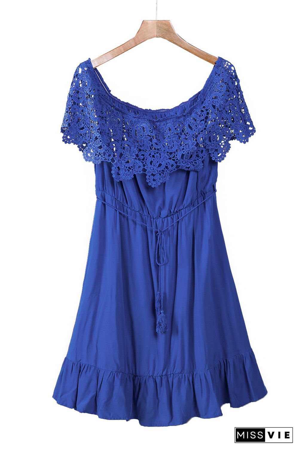 Blue Off-the-shoulder Lace Sleeves Plus size Dress