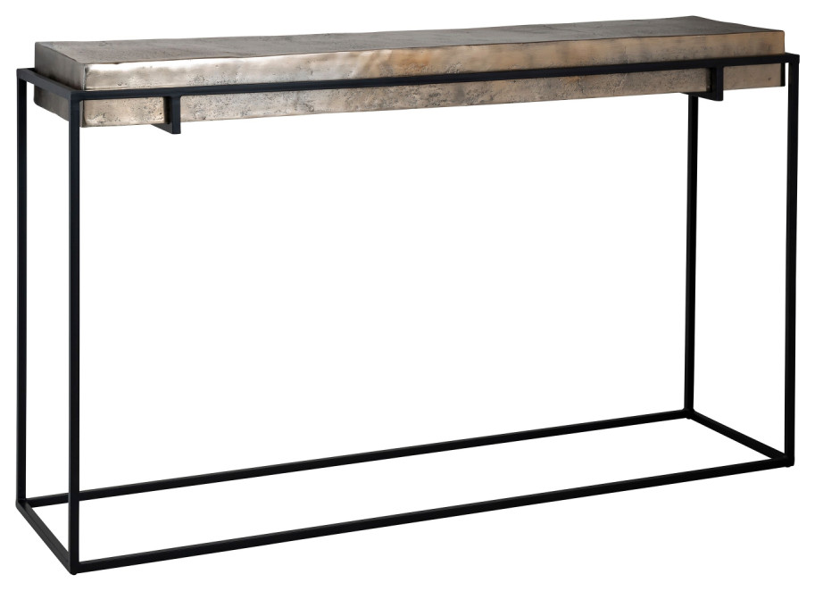 Champagne Gold Aluminum Console Table  OROA Calloway   Industrial   Console Tables   by Oroa   Distinctive Furniture  Houzz