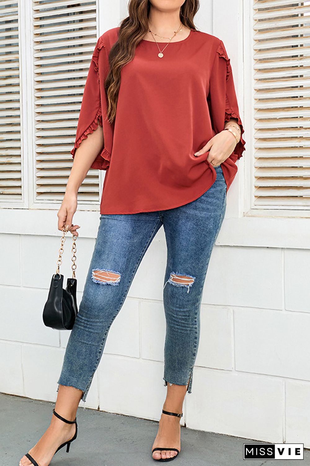 Red Split Flare Ruffle Sleeves Plus Size Top