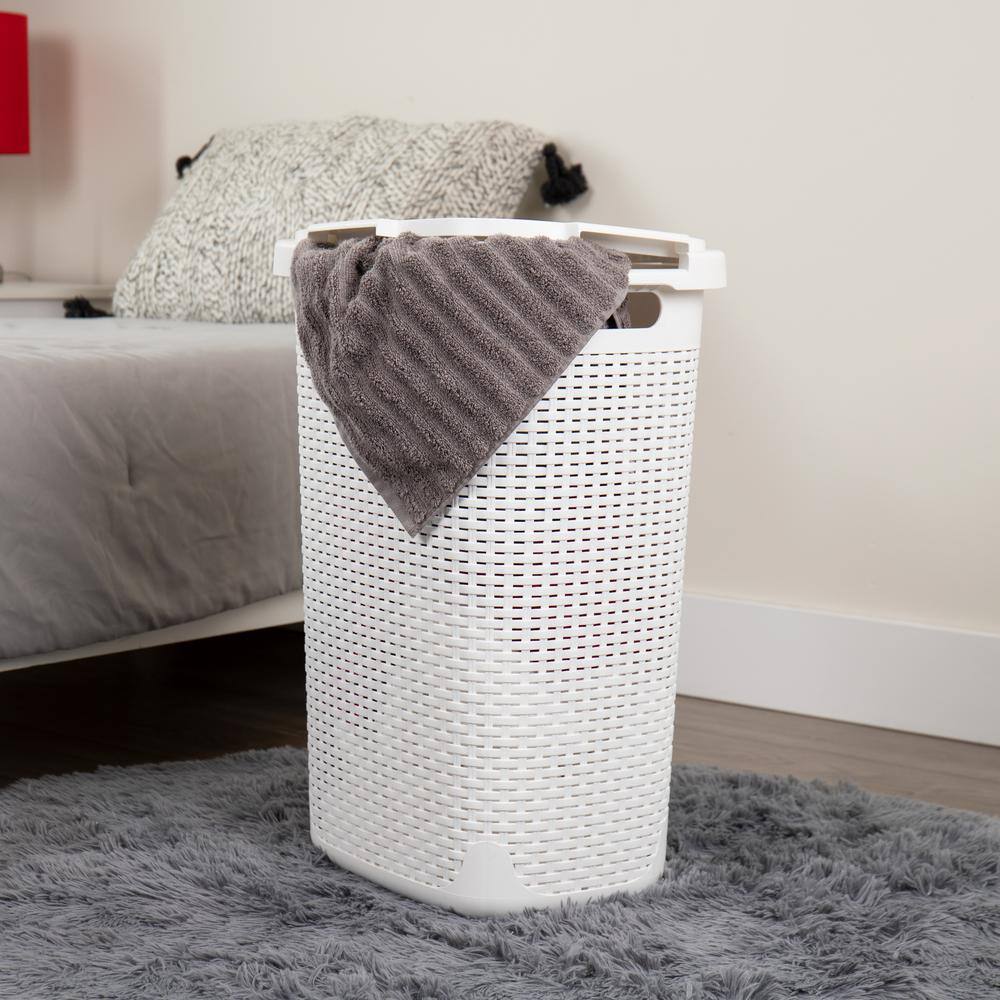 Mind Reader Basket Collection 60 Liter (15kg33lbs) Capacity Laundry Hamper Cut Out Handles Attached Hinged Lid White 60HAMP-WHT