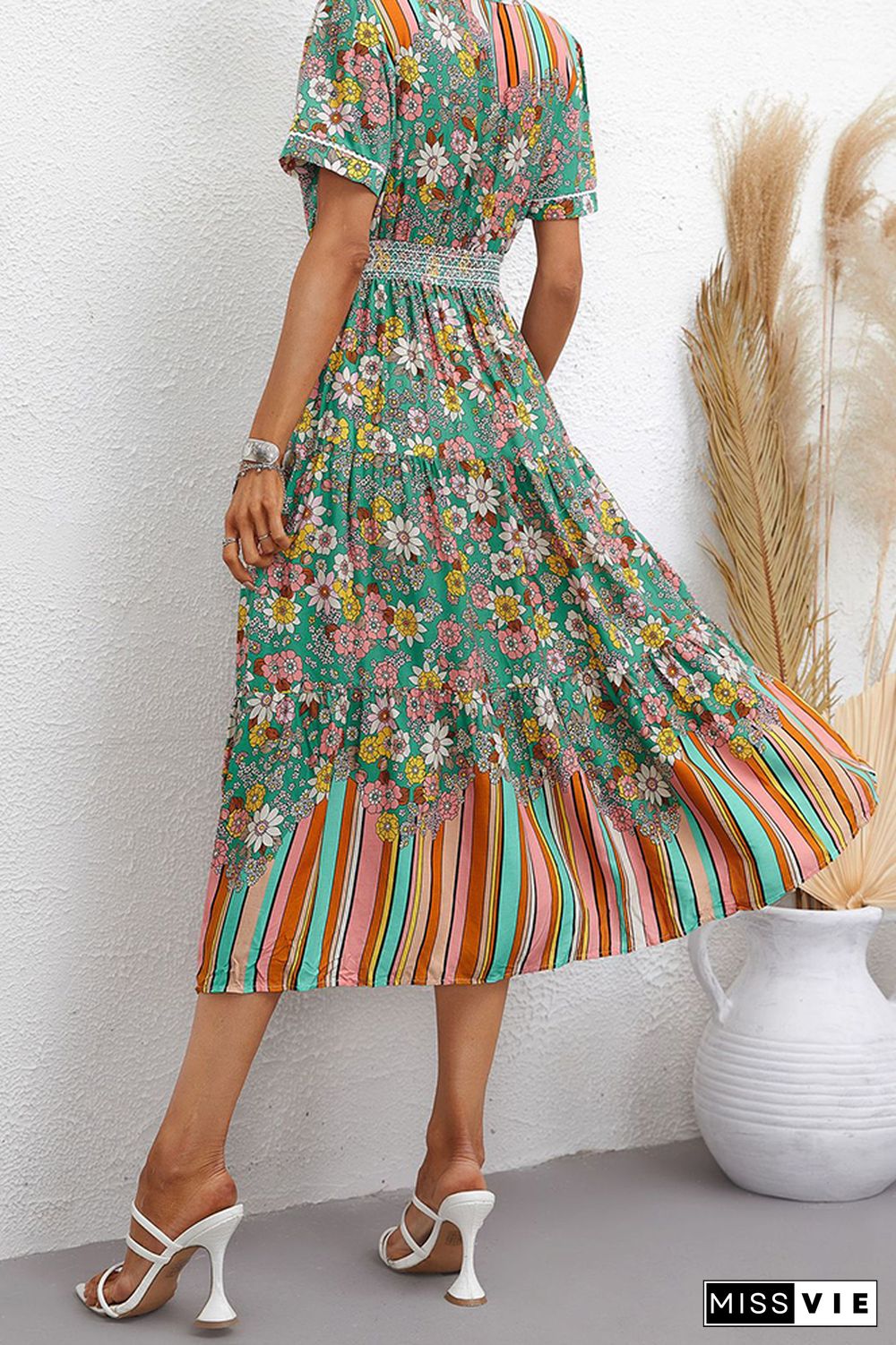 Flower And Stripes Printinig Patchwork Bohemia Dress