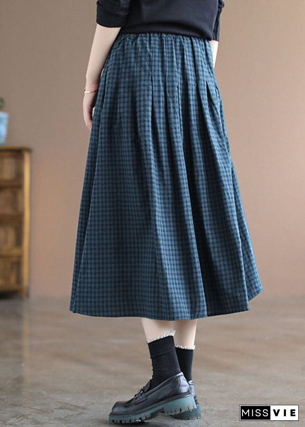 Handmade Blue Plaid Elastic Waist Pockets Fall Skirt