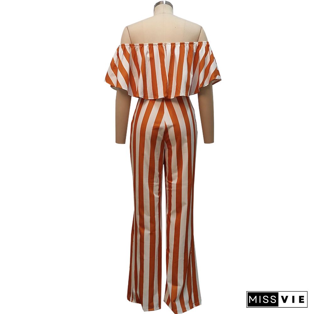 Striped Off Shoulder Wide Leg Jumpsuits