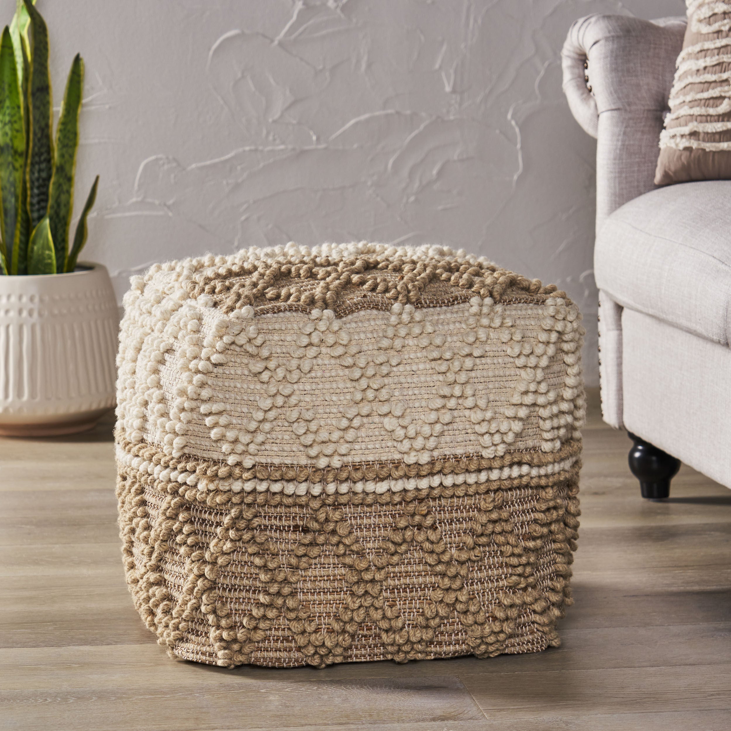 Galion Boho Handcrafted Fabric Cube Pouf, Ivory and Beige