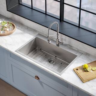 KRAUS Loften Stainless Steel 33in. Single Bowl Drop-in  Undermount Kitchen Sink with Stainless Steel Pull Down Faucet KCA-1102