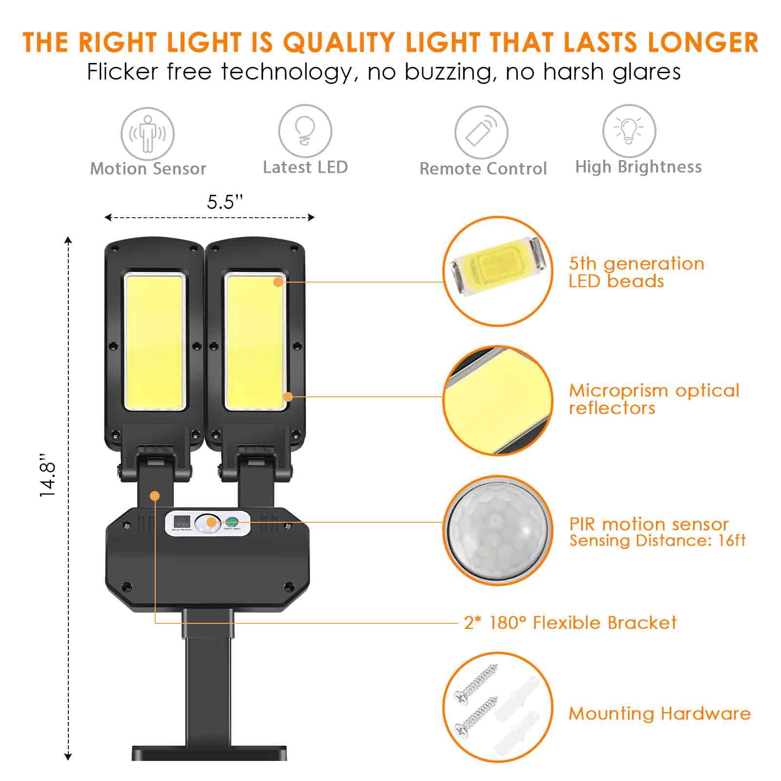 GIVERARE LED Solar Wall Lamps， Solar-powered Movement Sensor Flood Lights， 3 Modes