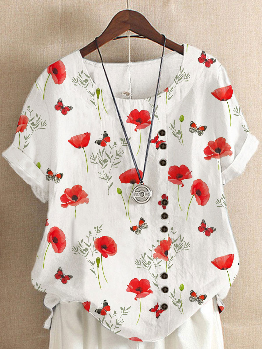 Round Neck Casual Loose Floral Print Short Sleeve Blouse