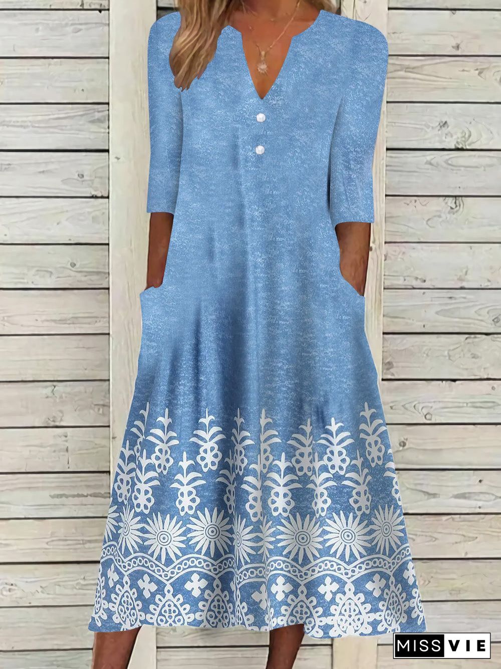 Women's Short Sleeve V-neck Blue Floral Printed Midi Dress