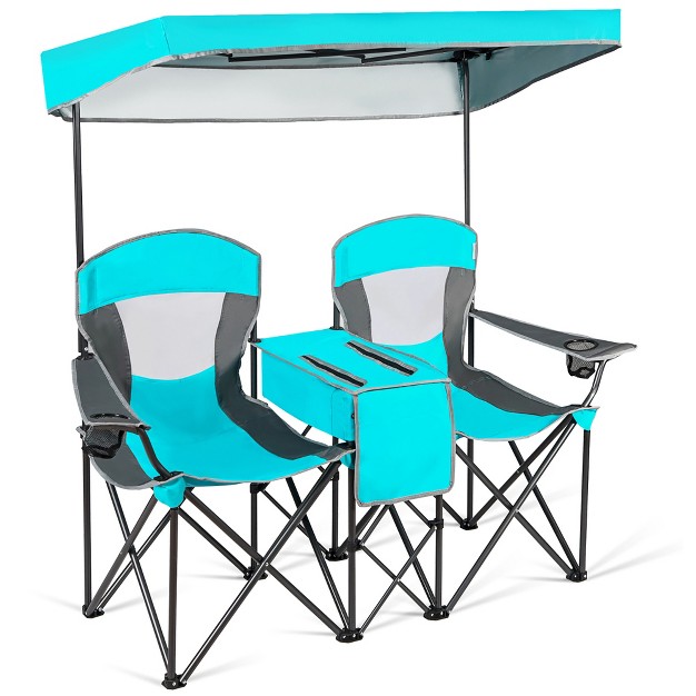 Costway Portable Folding Camping Canopy Chairs W Cup Holder Cooler Outdoor Turquoise