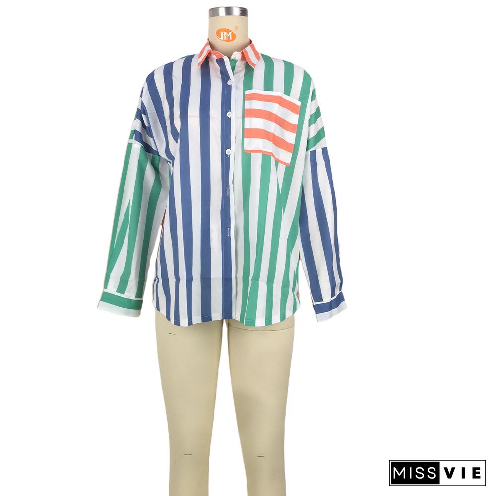 Long Sleeve Striped Print Color Block Oversized Shirts