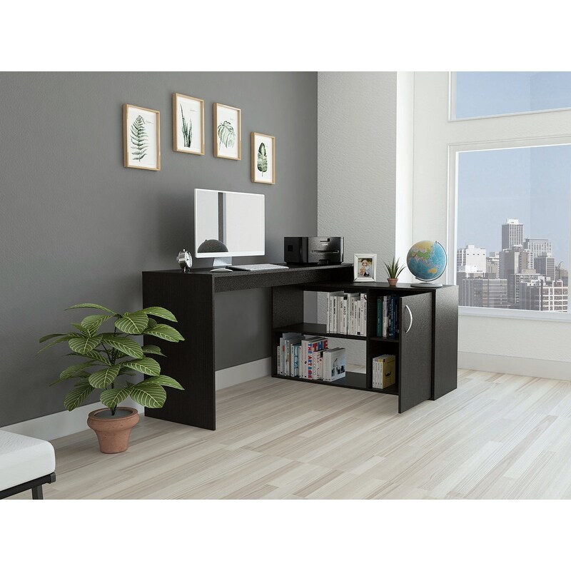 L Shaped Computer Desk with 1 Cabinet  2 Shelf  Home Office Desk Corner Desk  Study Writing Table with Storage