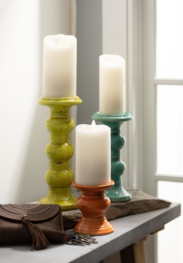 Sullivans Set Of 3 Pillar Candle Holder 5 quot h 10 quot h amp 12 quot h Blue Green amp Orange