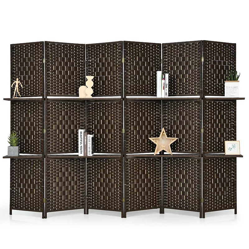 6 Panel Folding Weave Fiber Room Divider with 2 Display Shelves