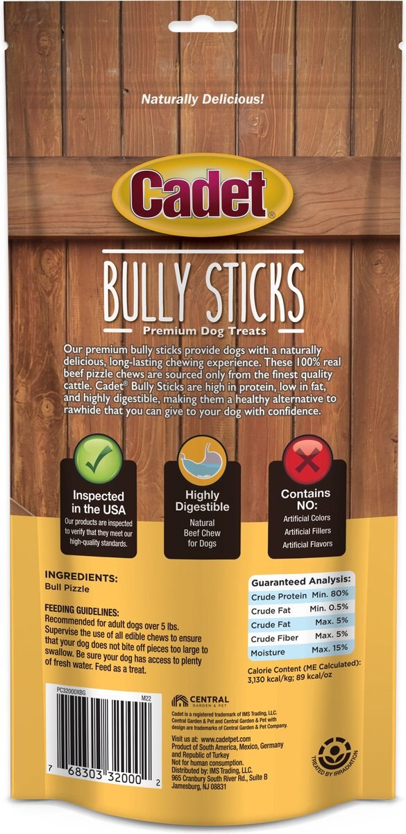 Cadet Bully Sticks Dog Treats， Small ，4-pack