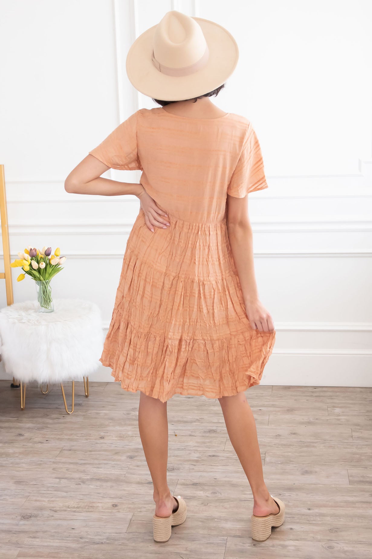 Short Sleeve Midi Dress-Apricot