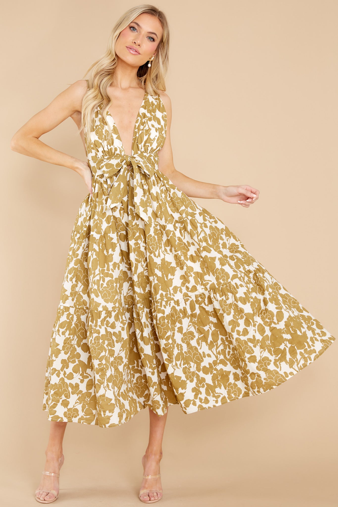 Always Authentic Ivory And Tan Floral Print Dress