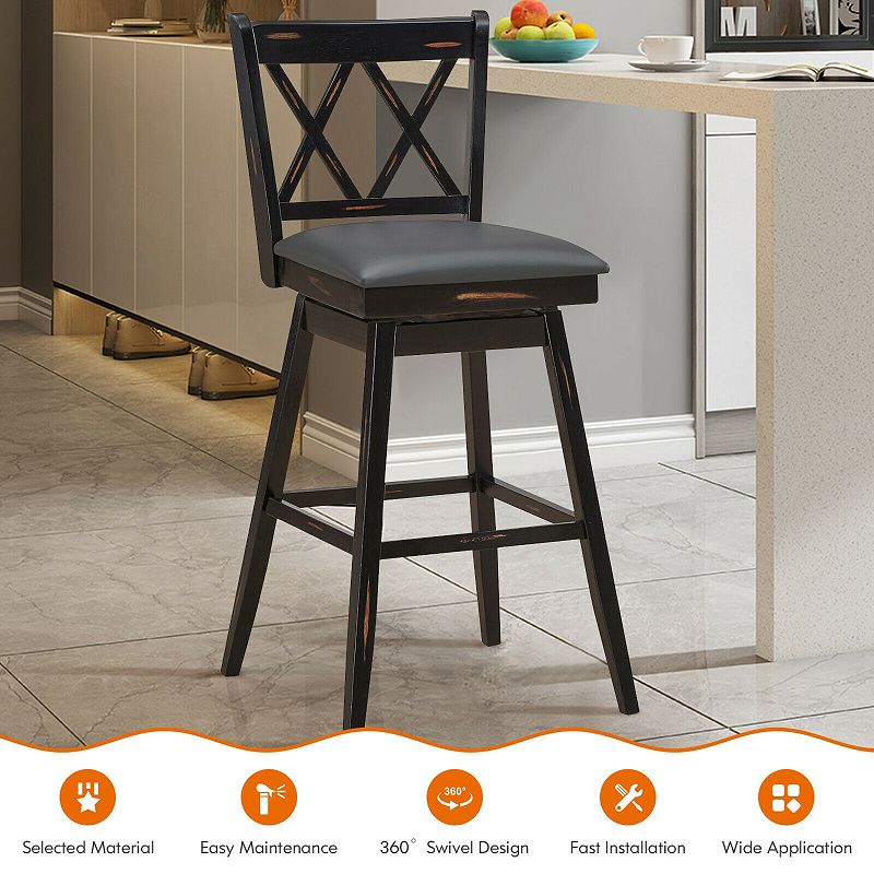 2 Pieces 29 Inches Swivel Counter Height Barstool Set with Rubber Wood Legs