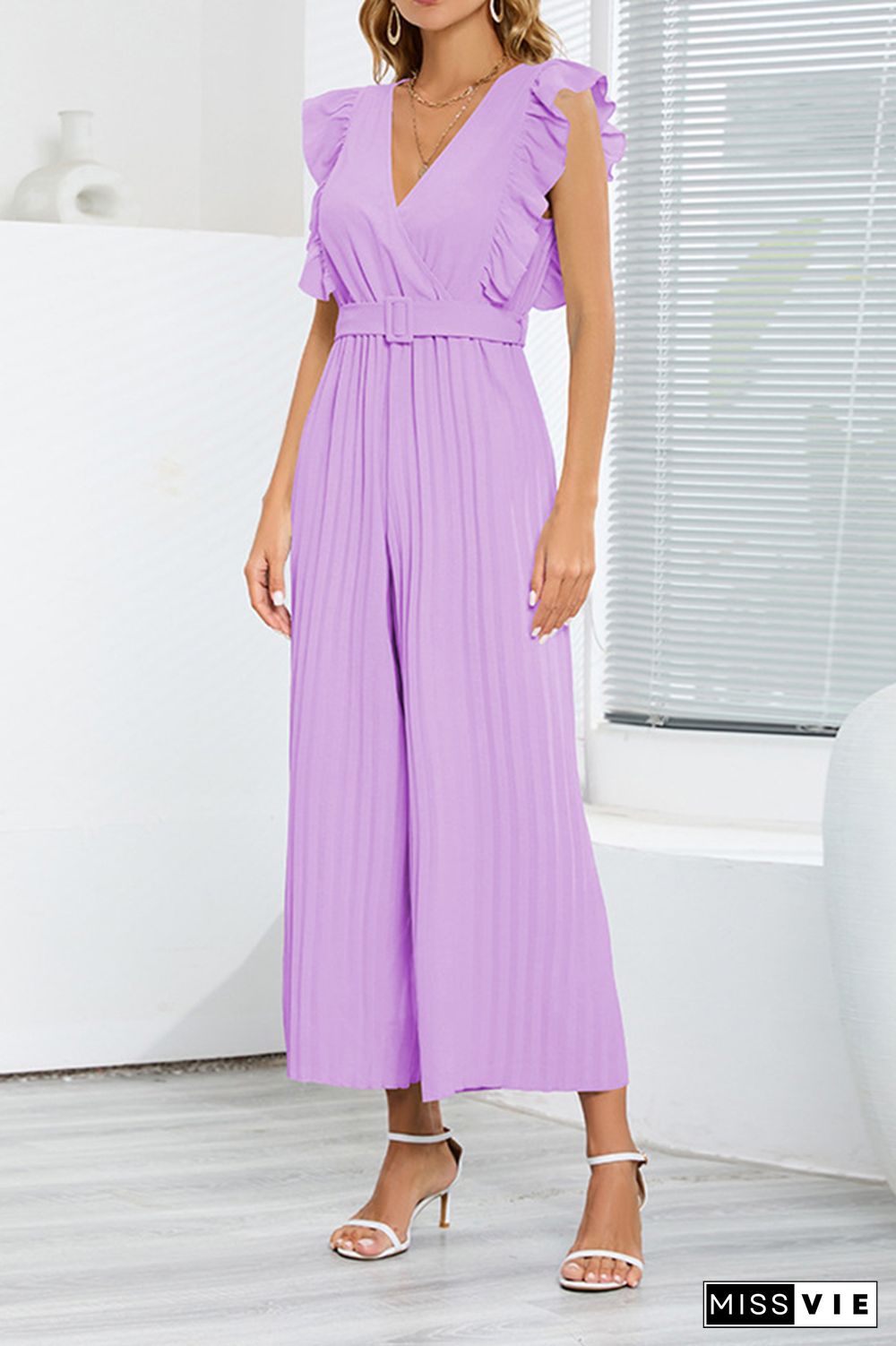 Sleeveless V Neck Ruffle Pleated Wide Leg Jumpsuit