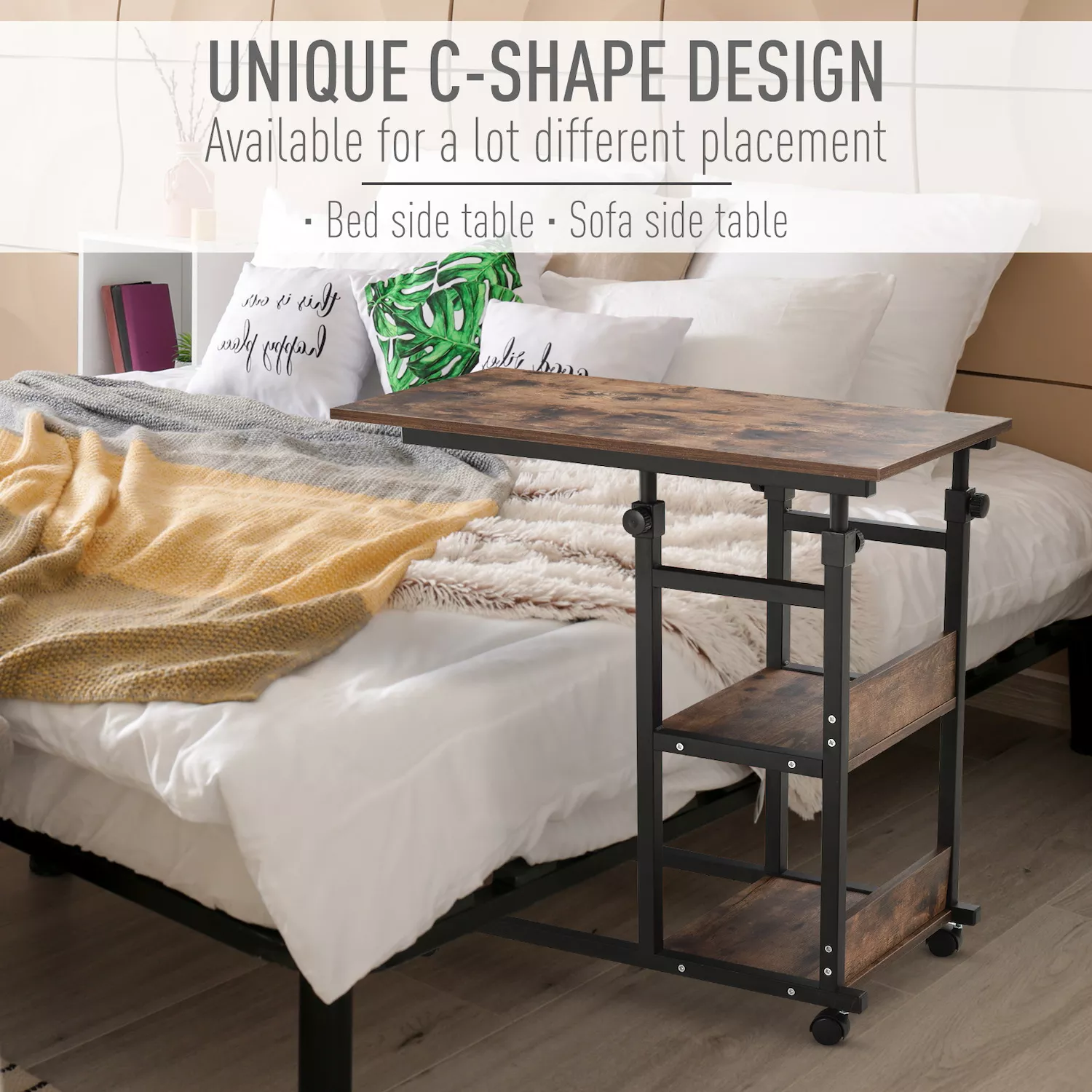 HOMCOM Industrial C Shaped Mobile Rolling Sofa Side Table with 3 Tier Storage Shelving Adjustable Height and Wheels