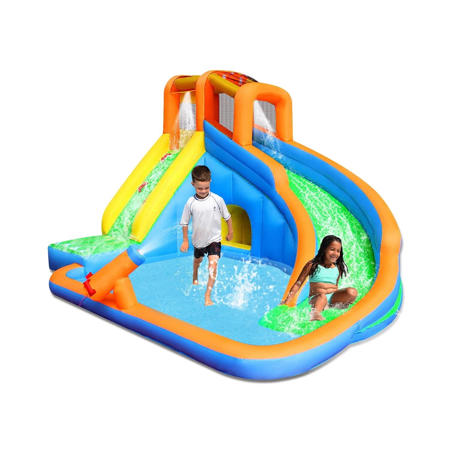 BESTPARTY Inflatable Water Slide Kids,Water Slide With Pool Backyard Water Park Play Slide with Blower, Stakes, Water Tube, Storage Bag, Patch Kits Included,450w