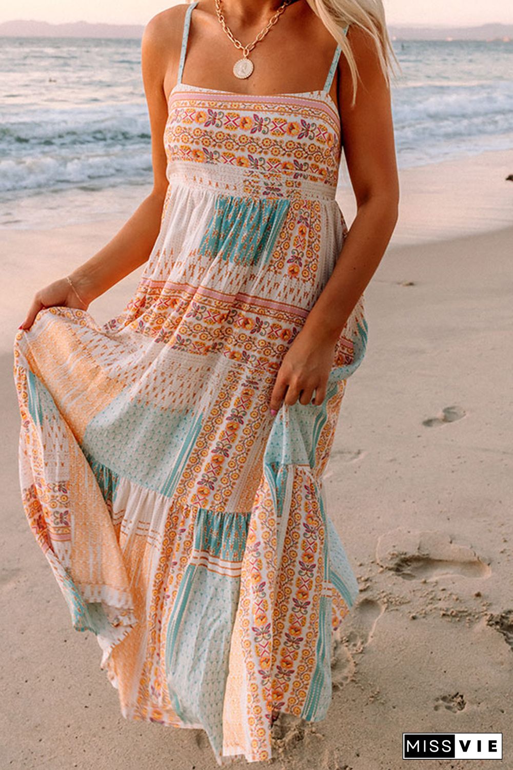 Multicolor Boho Patchwork Print Square Neck Sundress