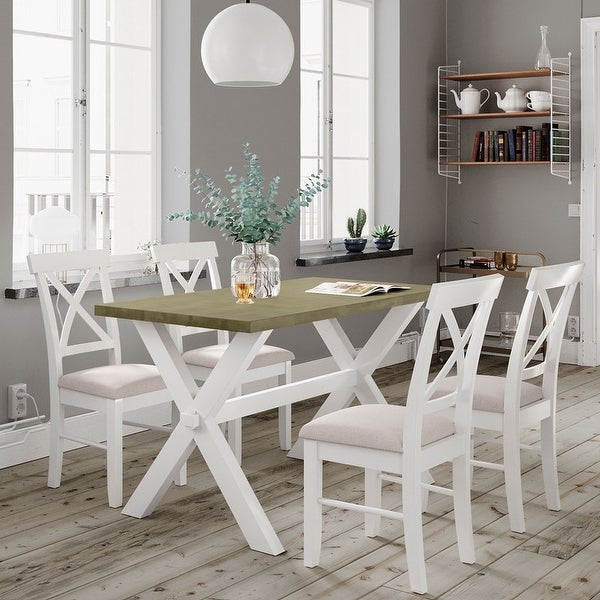 Designs 5-Piece Wood Dining Table Set， Farmhouse Rustic Kitchen Dining Table with 4 Upholstered X-Back Chairs， White+Beige