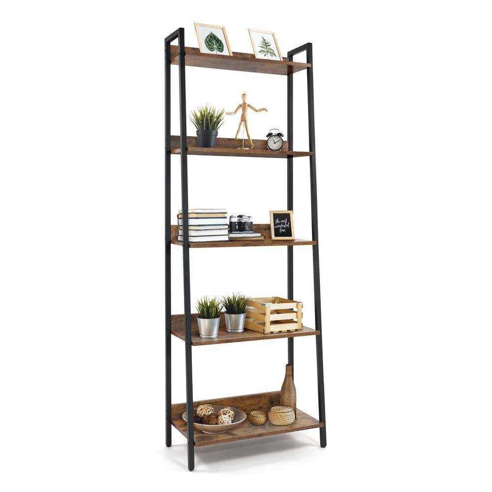 CAPHAUS 67 in. Rustic Oak Bookcase Shelf Organizer 24 in. W 5 Tier Ladder Bookshelf for Home Office Living Room and Kitchen FLR-CH2412MWLD5-RUOK