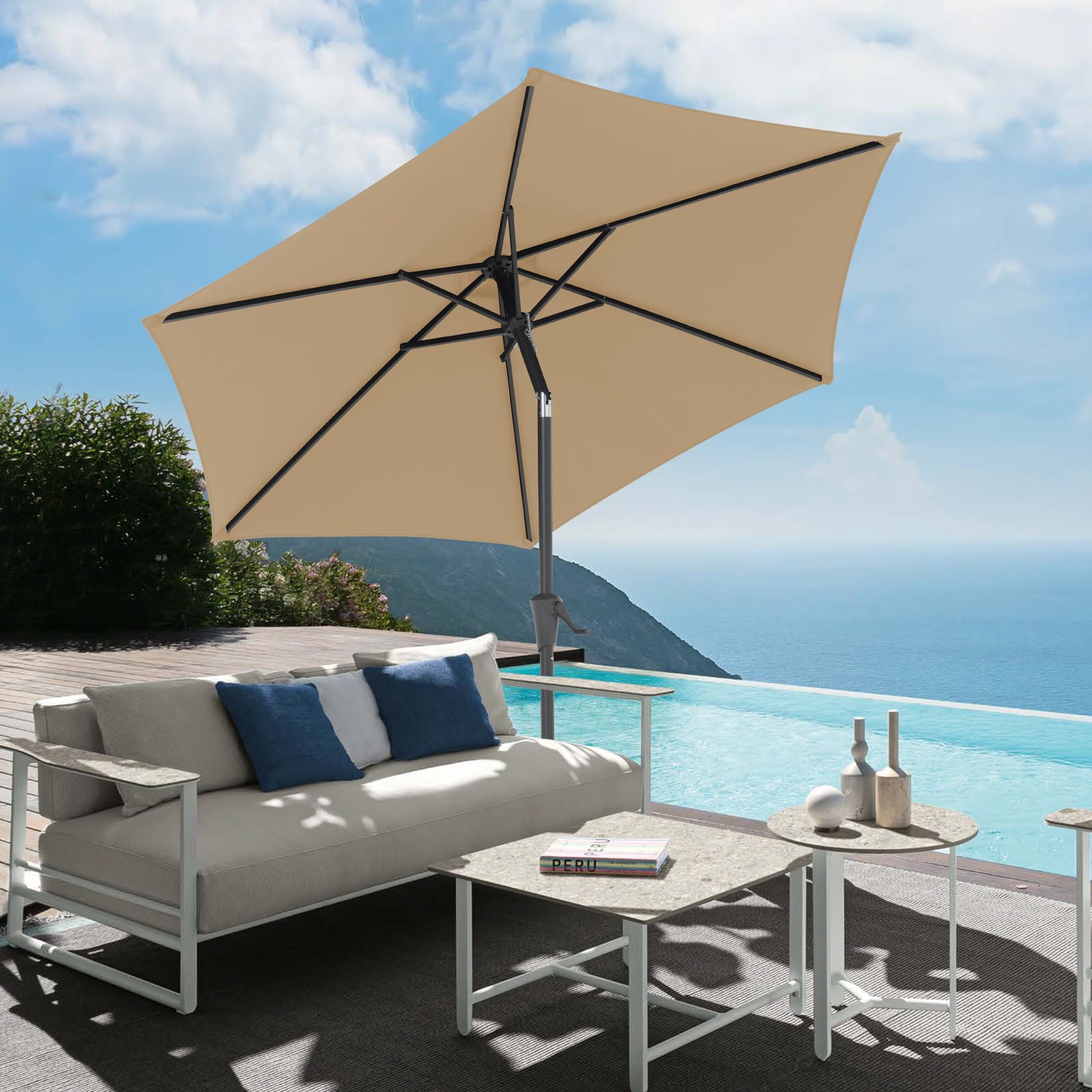 7.5 ft Patio Umbrella Outdoor Table Market Umbrella with Push Button Tilt and Crank, 6 Ribs, Beige