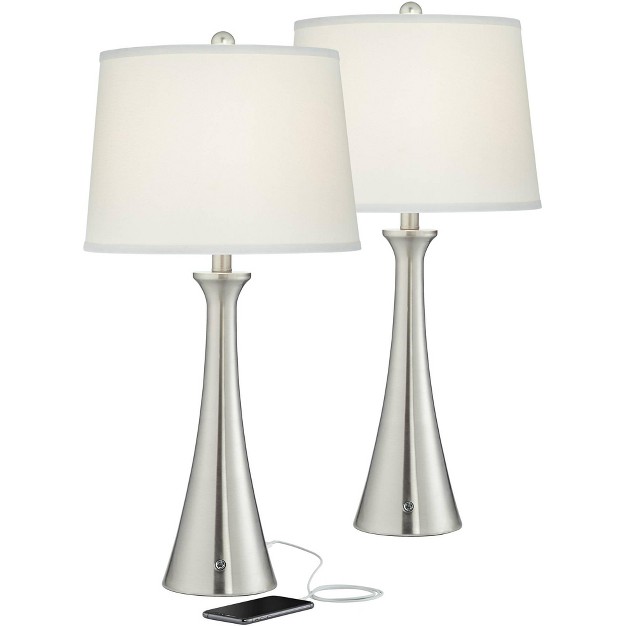 Tall Set Of 2 Brushed Nickel With Usb And Outlet White Drum Shade For Bedroom Living Room House Bedside