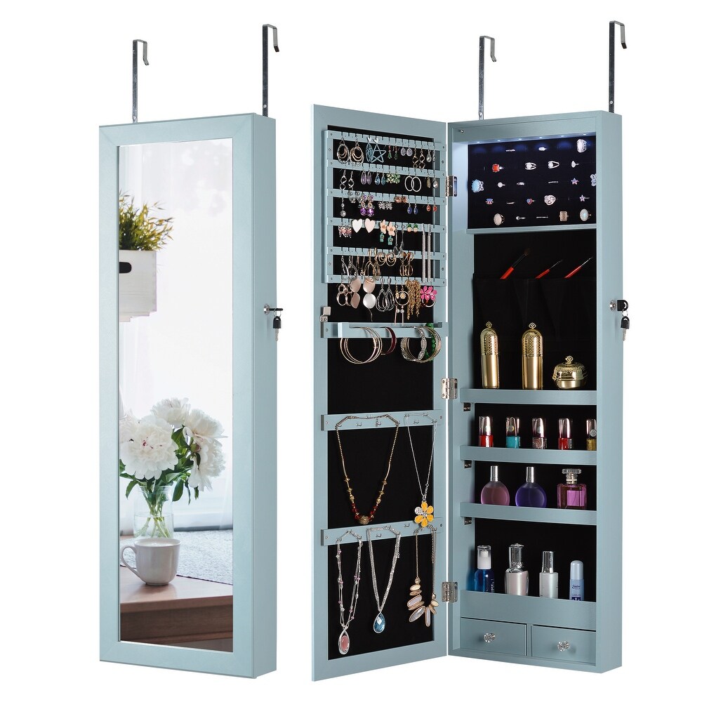 43''H Full Length Mirror Cabinet LED Lights Velvet Jewelry Armoire with 2 Drawers Multi Storage  Can be Hung on Door Wall