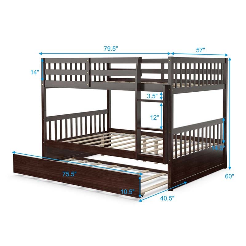 Solid Wood Full Over Full Bunk Bed Frame with Trundle, Safety Ladder & Guardrails, Convertible Bunk Bed for Kids Teens