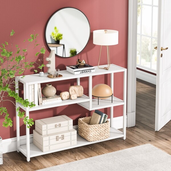 Console Table， 43 Inch Small White Entryway table with Storage Shelves