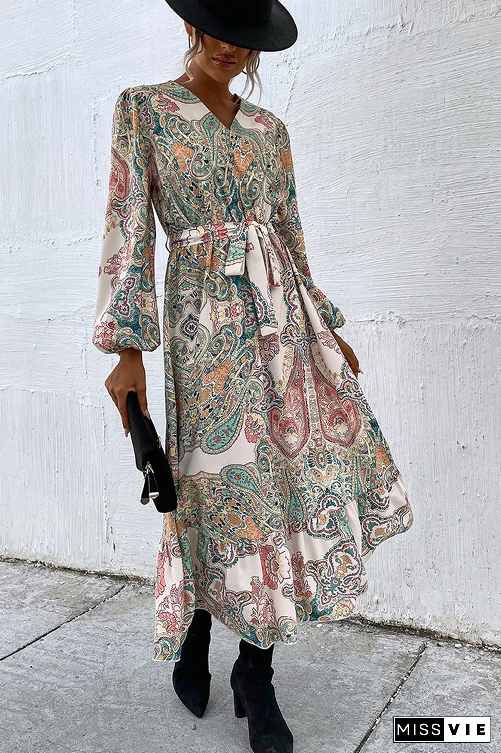 Vintage Ethnic Print Long Puff Sleeve Ruffle Dress