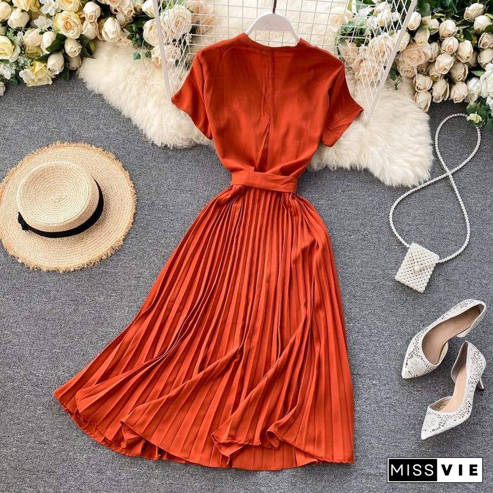 Autumn Fashion New Female Solid Pleated Dress Women V neck Short Sleeves Sashes Long Dresses Summer Streetwear Vintage