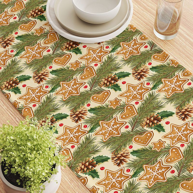 Table Runner， 100% Polyester， 14x108， Holiday Gingerbread Cookies and Pinecones