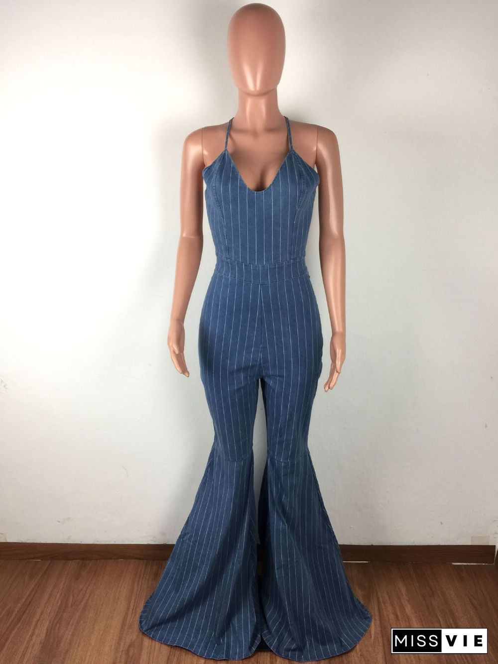 U-neck Open Back Sexy Stripe Jeans Flared Jumpsuit