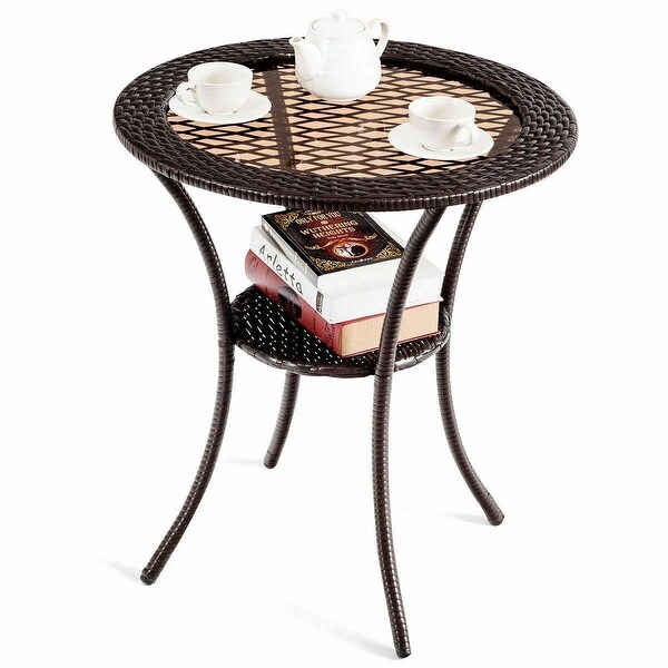 Gymax Round Rattan Wicker Coffee Table Glass Top Steel Frame Patio