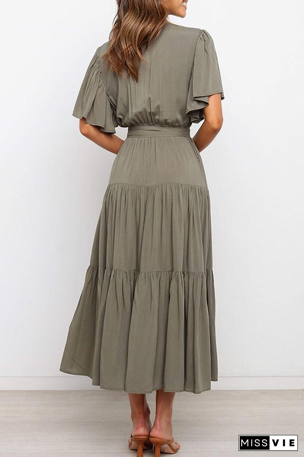 Ruffled Sleeve V-neck Tie Waist Maxi Dress P14492