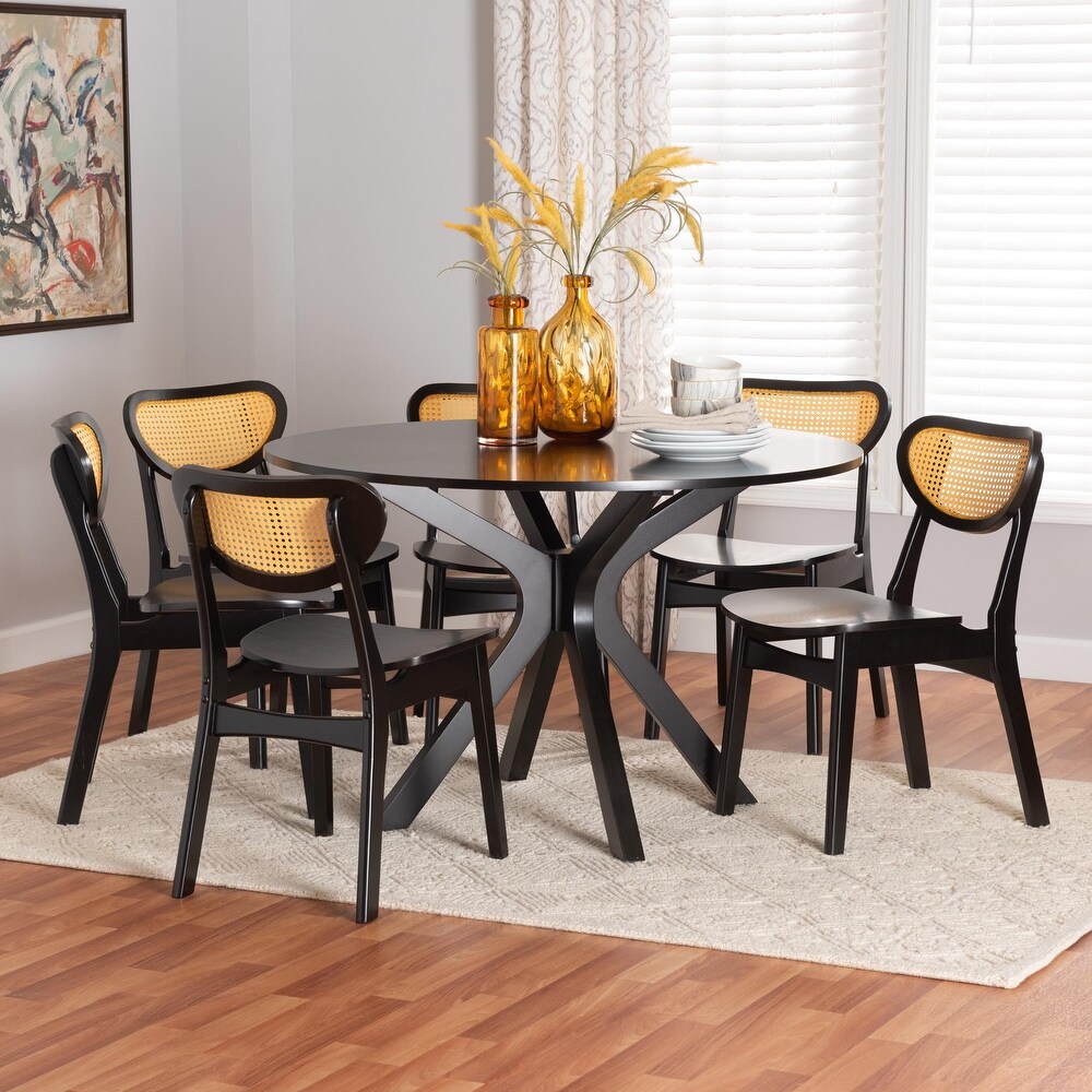 Giuliana Mid Century Modern Wood and Woven Rattan 7 Piece Dining Set