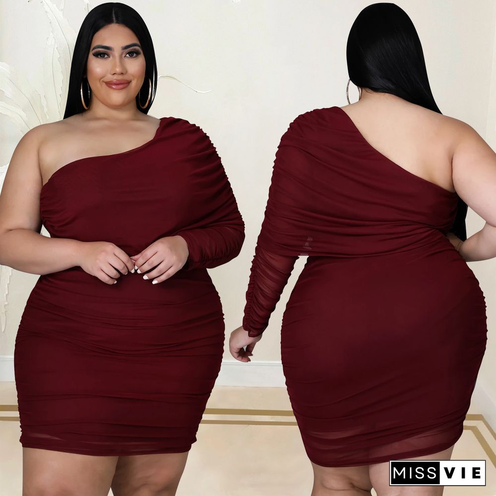 Plus Size Mesh Solid Single Sleeve Bodycon Dress