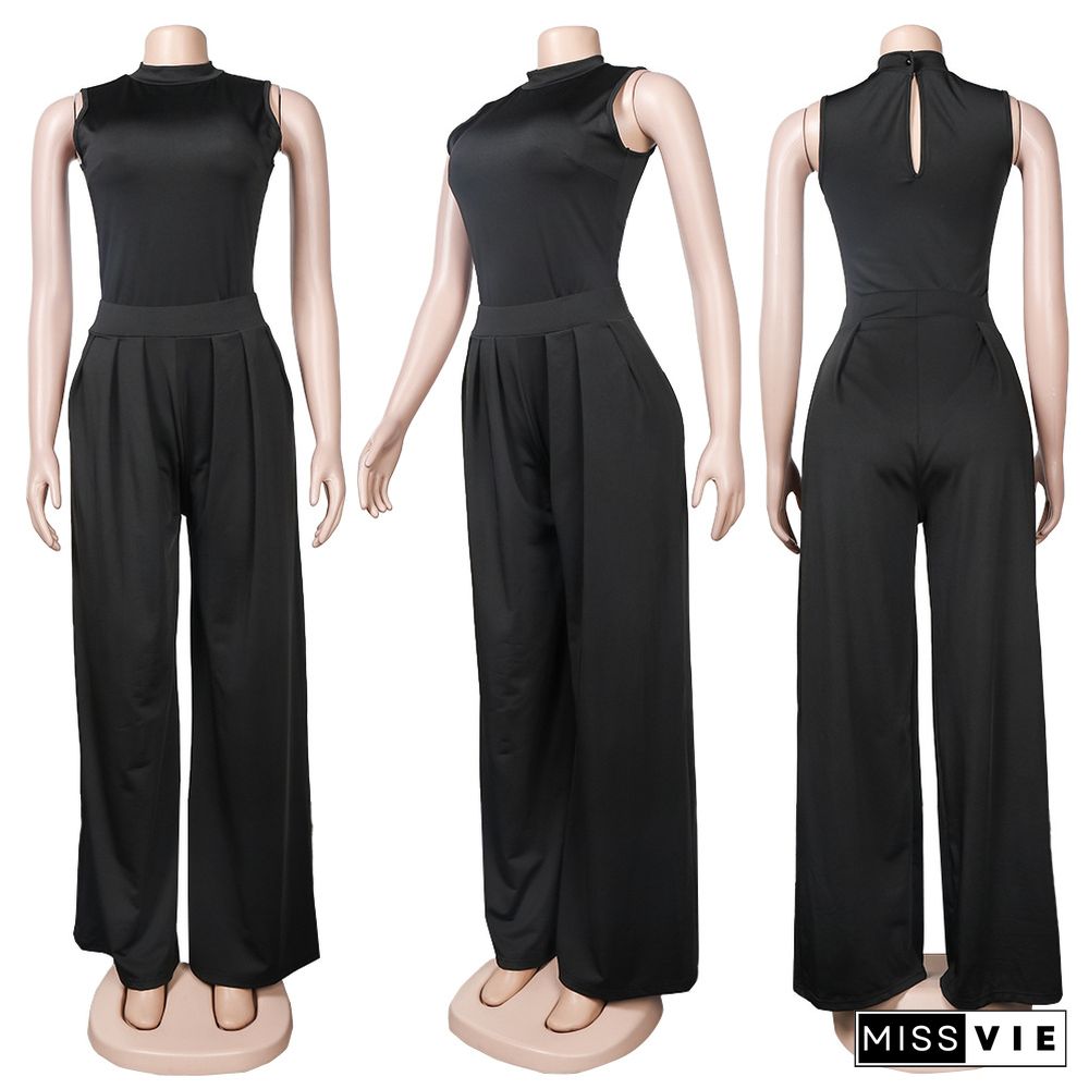 Casual Sleeveless Wide Leg Pants Solid Color New Two-piece Set