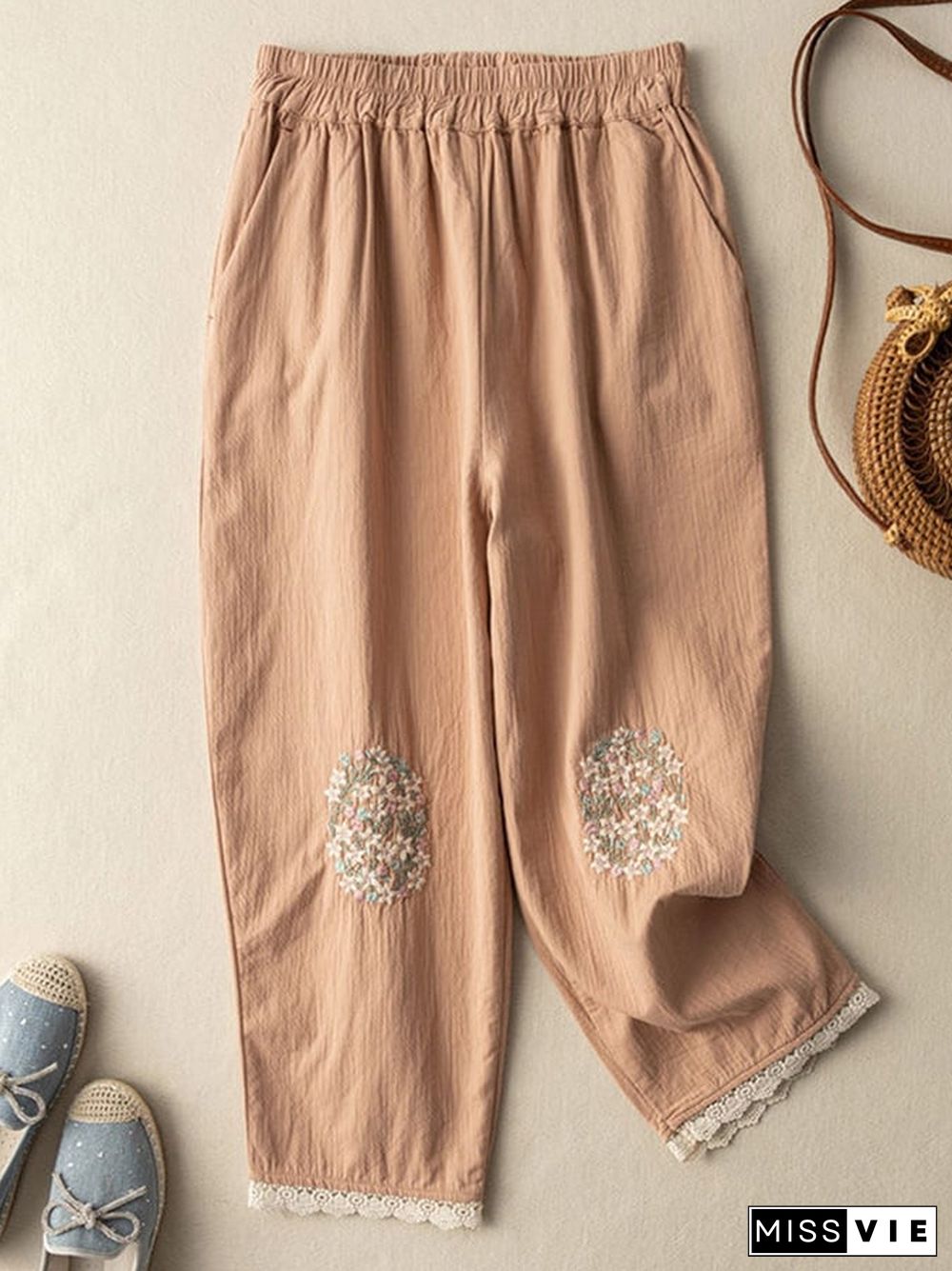 Cotton And Linen Floral-embroidered Lace-paneled Track Pants