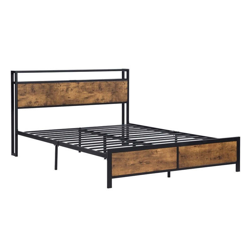 Industrial Queen/ Full Bed Frame with LED Lights and 2 USB Ports Rustic Brown