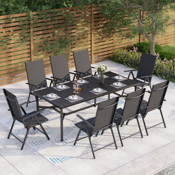 9Piece Patio Dining Set，Metal Table and Foldable Sling Dining Chairs with 7 Levels Adjustable