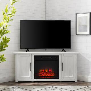 CROSLEY FURNITURE Camden Whitewash 48 in. Corner TV Stand with Fireplace Fits 50 in. TV with Cable Management KF100648WW