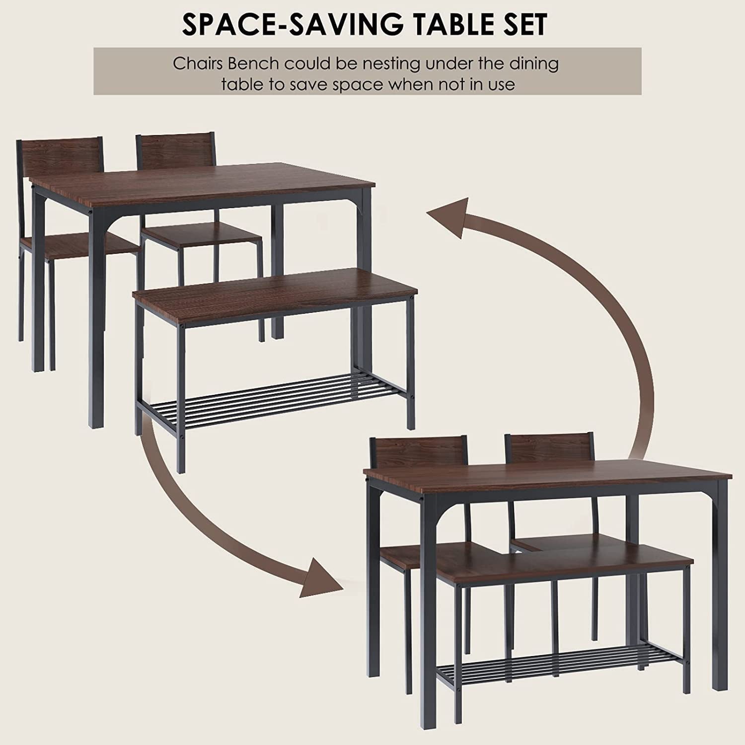 SOGES Dining Table Set of 4, Kitchen Table with 2 Chairs 1 bench, Use for Living Room Dining Room Kitchen, Vintage Brown