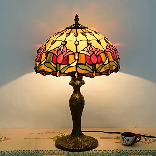 SHADY  Lamp Stained Glass Lamp Red Tulip Bedroom Table Lamp Reading Desk Light for Bedside Living Room Office Dormitory Dining Room Decorate  12x12x18 Include Light Bulb